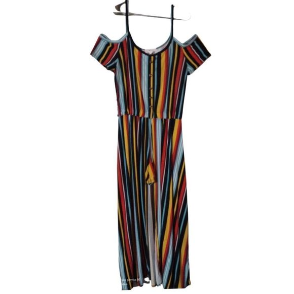 Cold Shoulder Maxi Romper Shorts Spaghetti Straps Button Down Stripes Size 1X - Picture 11 of 13